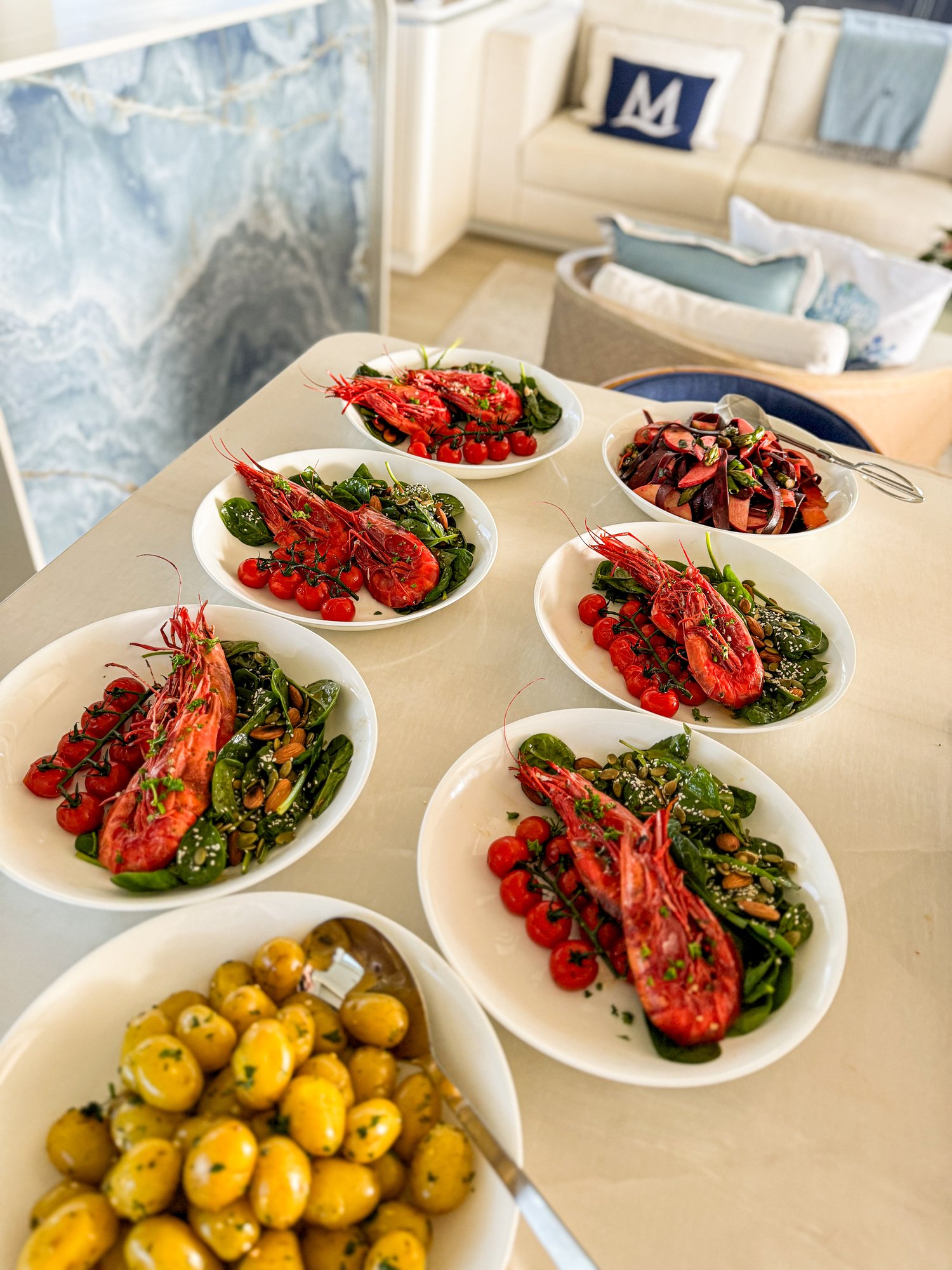 Braised Red Carabinero Prawn, grilled tomato on the vine and spinach salad topped with toasted seeds